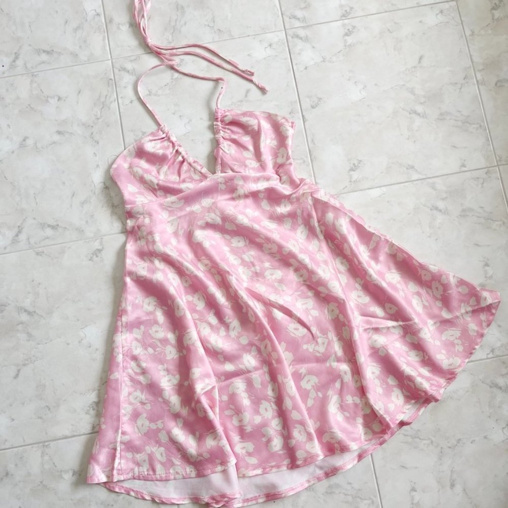 NEW RedBerry Pink Floral Satin Halter-Neck Open Back Mini Dress Women XS